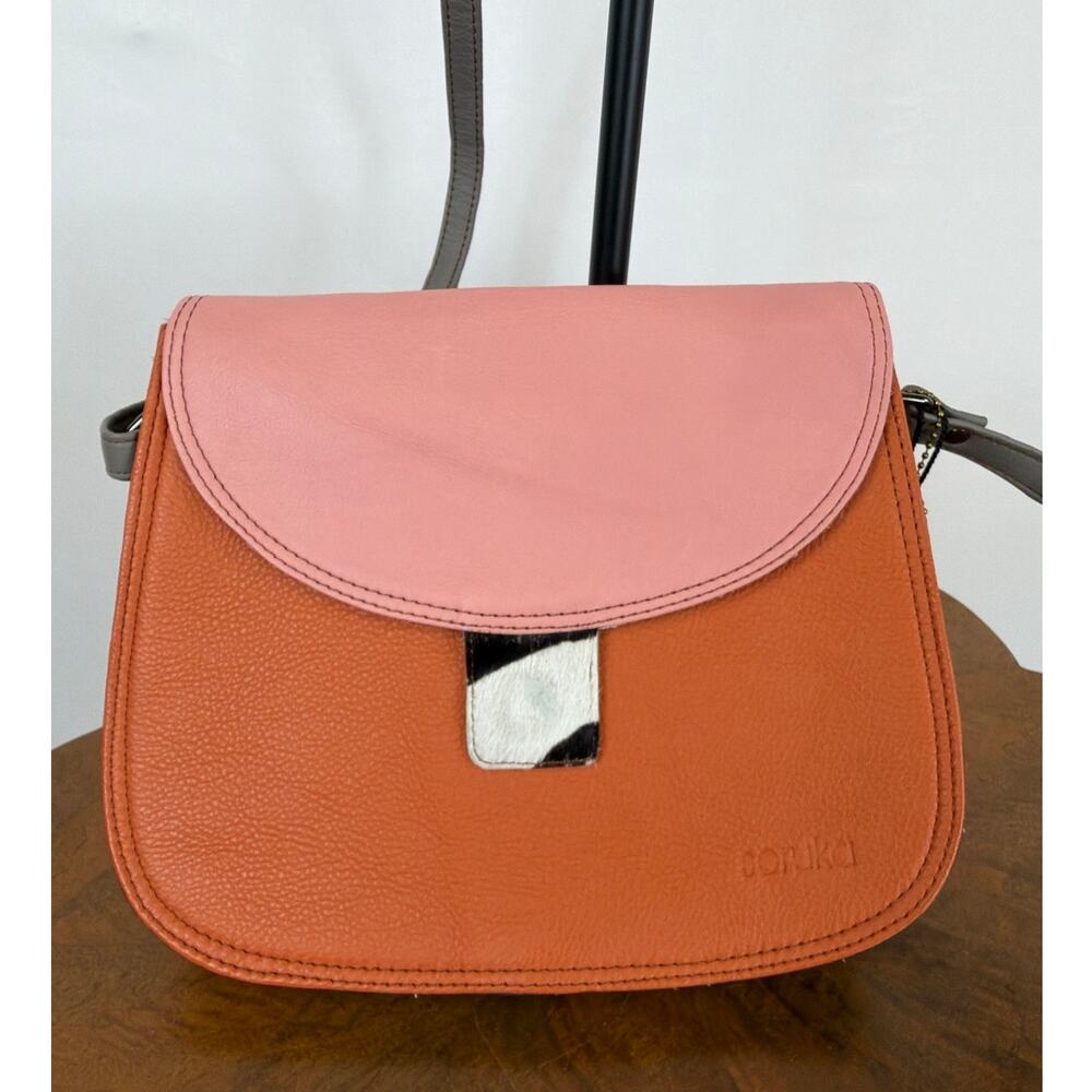 NWT Soruka Orange Pink Leather Adjustable Crossbody Small Bag Handcrafted India